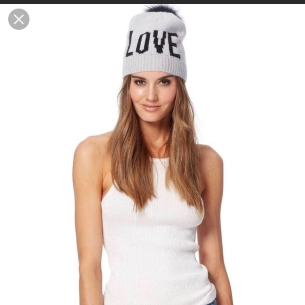 360 Cashmere LOVE pale blue hat with fur ball
